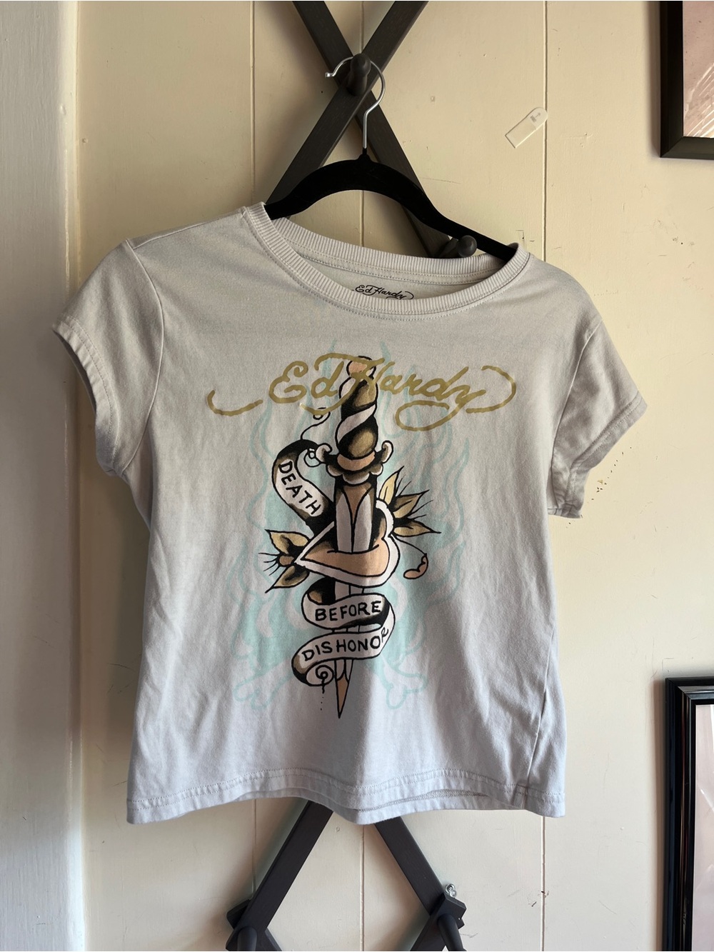Ed Hardy White Womens Short Sleeve Graphic Tee with Dagger Artwork